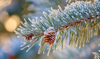Pine tree close-up, snow clinging, sharp needles photo