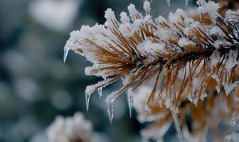 Pine tree close-up, snow clinging, sharp needles photo