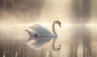 Graceful white swan floating on a misty lake, soft morning light illuminating the scene photo