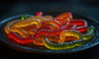 Gummy worms arranged in a spooky pattern, resting on a dark plate photo