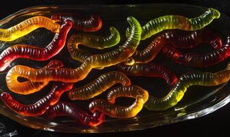 Gummy worms arranged in a spooky pattern, resting on a dark plate photo