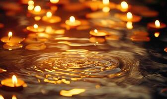 Cluster of floating candles on a still pond, soft ripples in the water photo