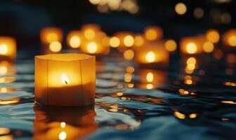 Cluster of floating candles on a still pond, soft ripples in the water photo