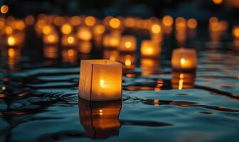 Cluster of floating lanterns glowing softly, warm light reflecting on rippling water photo