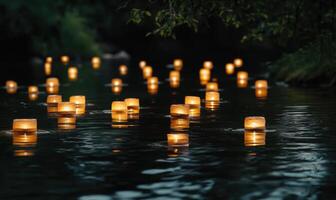 Cluster of floating lanterns glowing softly, warm light reflecting on rippling water photo
