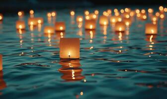 Cluster of floating lanterns glowing softly, warm light reflecting on rippling water photo