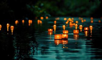 Cluster of floating lanterns glowing softly, warm light reflecting on rippling water photo