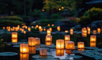 Cluster of glowing lanterns drifting on a still pond, soft golden light illuminating the scene photo