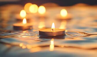 Cluster of glowing lanterns drifting on a still pond, soft golden light illuminating the scene photo