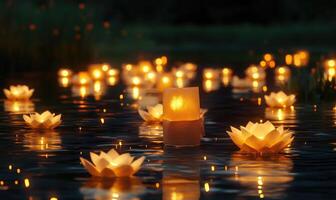 Cluster of glowing lanterns drifting on a still pond, soft golden light illuminating the scene photo