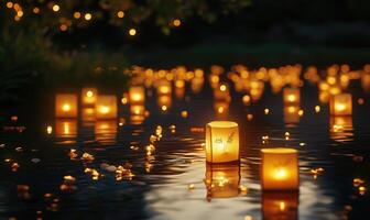 Cluster of glowing lanterns drifting on a still pond, soft golden light illuminating the scene photo