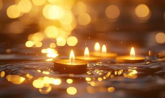 Cluster of glowing lanterns drifting on a still pond, soft golden light illuminating the scene photo