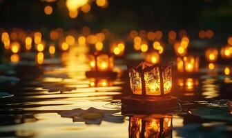 Cluster of small glowing lanterns on still water, golden reflections shimmering softly photo