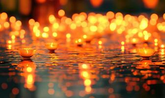 Cluster of small candles floating on rippling water, golden light reflecting softly in the scene photo