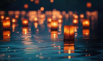 Cluster of small glowing lanterns on still water, golden reflections shimmering softly photo