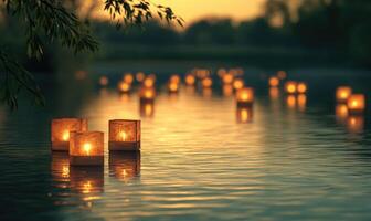 Cluster of small glowing lanterns on still water, golden reflections shimmering softly photo
