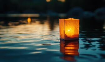 Delicate paper lantern glowing softly, floating on calm water photo