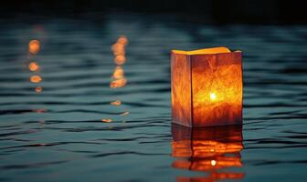 Delicate paper lantern glowing softly, floating on calm water photo