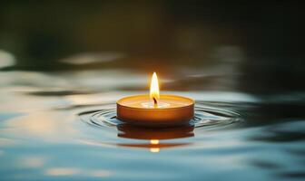Close-up of a single candle with a flickering flame, floating on calm water photo
