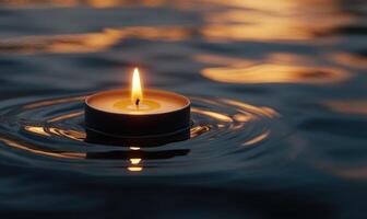 Close-up of a single candle with a flickering flame, floating on calm water photo
