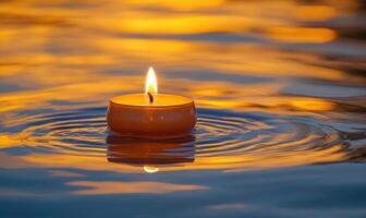 Close-up of a single candle with a flickering flame, floating on calm water photo