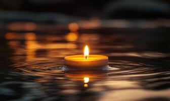 Close-up of a small floating candle on calm water, soft golden glow photo