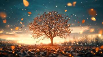 Bare autumn tree covered in warm string lights photo