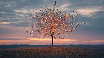 Bare autumn tree with few remaining leaves, strung with warm glowing fairy lights photo