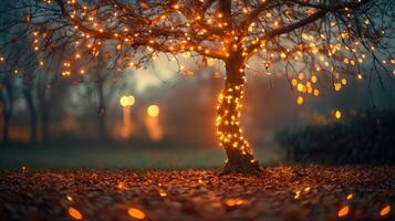 Bare autumn tree wrapped in glowing string lights photo