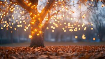 Bare autumn tree wrapped in glowing string lights photo
