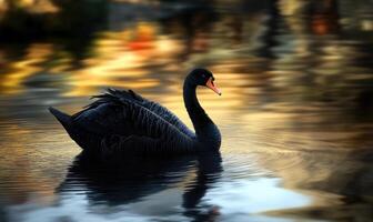 Black swan floating on a quiet river, soft ripples and shadows reflecting on the water photo