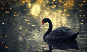 Black swan floating on a quiet river, soft ripples and shadows reflecting on the water photo