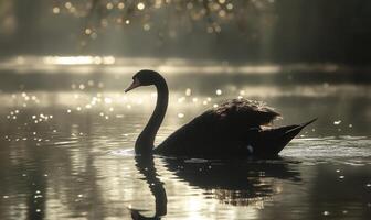 Black swan floating on a quiet river, soft ripples and shadows reflecting on the water photo