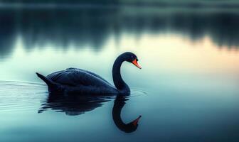 Black swan swimming on a still lake, soft ripples and light reflections shimmering on the surface photo