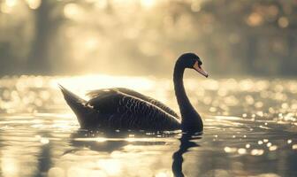Black swan swimming on a still lake, soft ripples and light reflections shimmering on the surface photo