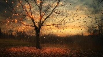 Bare autumn tree covered in warm string lights photo