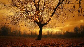 Bare autumn tree covered in warm string lights photo