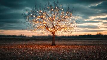 Bare autumn tree with few remaining leaves, strung with warm glowing fairy lights photo