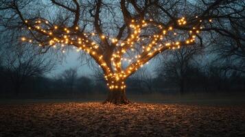 Bare autumn tree wrapped in glowing string lights photo
