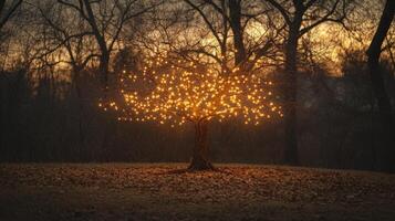 Bare autumn tree wrapped in glowing string lights photo