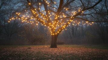 Bare autumn tree wrapped in glowing string lights photo