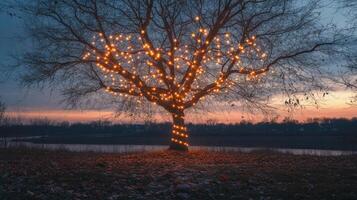 Bare autumn tree wrapped in glowing string lights photo