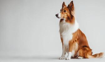 A Scottish Collie sitting elegantly in a studio with a plain white background photo