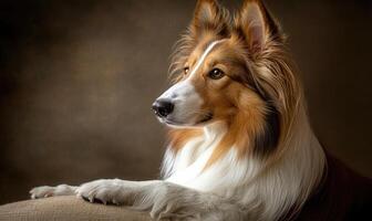 A Scottish Collie posing in a studio with soft, diffused light photo