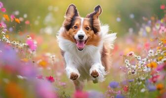 A Scottish Collie in motion, running through a field of flowers photo