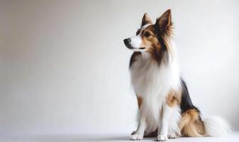A Scottish Collie sitting elegantly in a studio with a plain white background photo