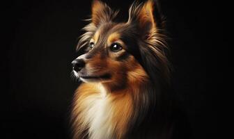 A Sheltie sitting calmly in a studio with a black background photo