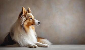 A Shetland Sheepdog captured in a studio with a simple gray background photo