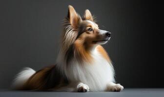 A Shetland Sheepdog captured in a studio with a simple gray background photo