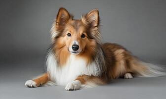 A Shetland Sheepdog captured in a studio with a simple gray background photo